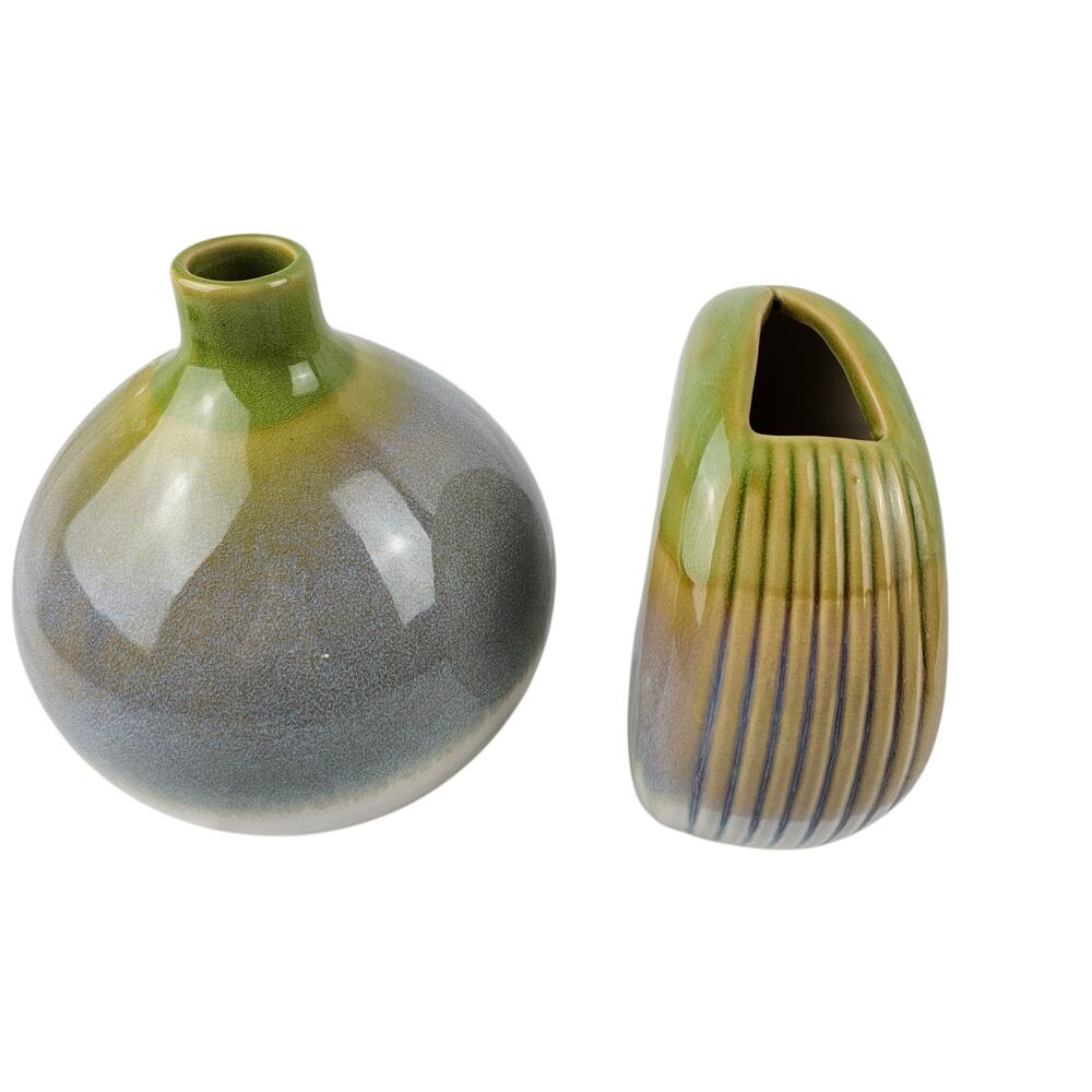 Set of‎ 2 Ceramic Bud Vases Reactive Glaze Green Blue Earthy Modern Decor
